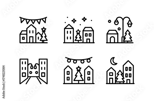 Minimalist urban winter scenes with festive decorations in outline style