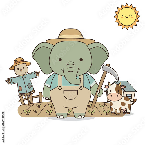 Cute Chibi Elephant Farmer Vector Illustration
