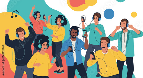 Diverse individuals enthusiastically immerse themselves in the rhythm, listening to favorite music tracks with headphones and mobile phones in a dynamic, colorful illustration