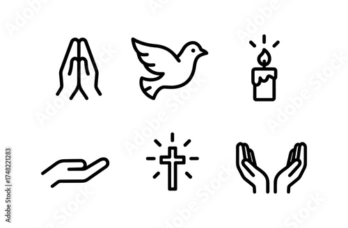 Minimalist religious icons set: faith and peace symbols in linear style