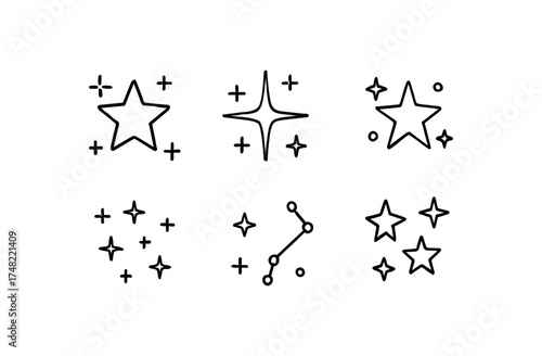 Simple hand-drawn star and constellation sketches in black and white