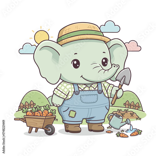 Cute Chibi Elephant Farmer Vector Illustration