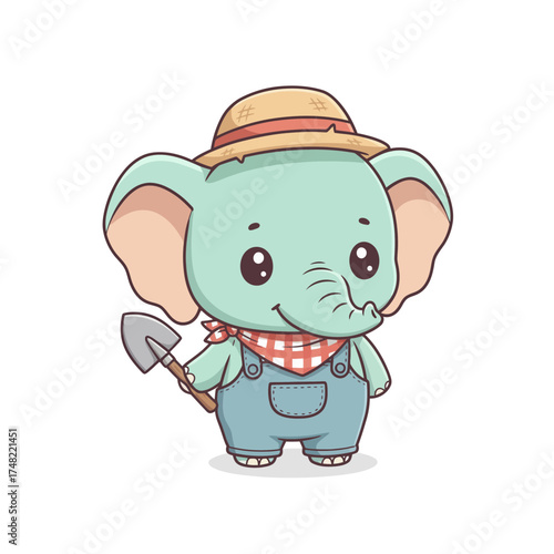 Cute Chibi Elephant Farmer Vector Illustration