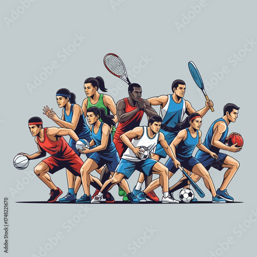 Vibrant vector illustration of a diverse group of male and female athletes representing multiple sports in a dynamic team pose