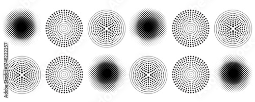 Halftone gradient circles collection. Dots textured round patterns. Cartoon comic radial faded background set. Abstract pixelated elements for frame, poster, collage, banner, flyer. Vector bundle