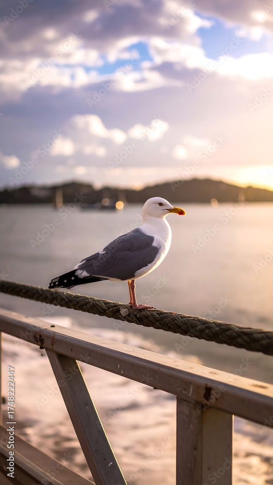 Obraz premium Seagull perched on a dock at sunset
