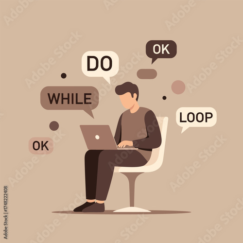 Developer coding on a laptop, applying logical programming loops 'DO', 'WHILE', 'LOOP' for efficient software solutions and streamlined problem-solving workflows