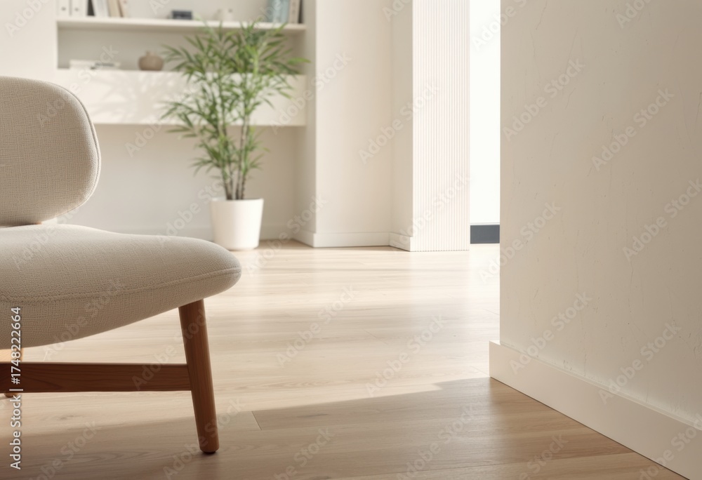 Fototapeta premium Empty modern living room with light wood floor and soft seating