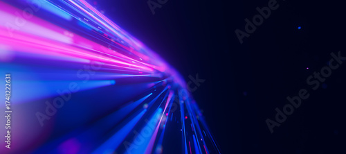 Bigdata light speed planar flow to infinity. Abstract digital data stream of quantum computing. Cyberspace of qubit trails. Modern tech information transmission.