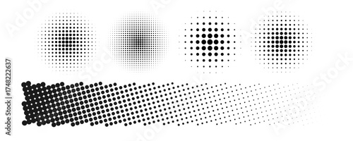 Halftone gradient circles collection. Dots textured round patterns. Cartoon comic radial faded background set. Abstract pixelated elements for frame, poster, collage, banner, flyer. Eps10