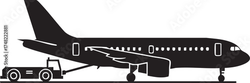 Airport Tow Vehicle Pushing Passenger Jet Silhouettes Vector