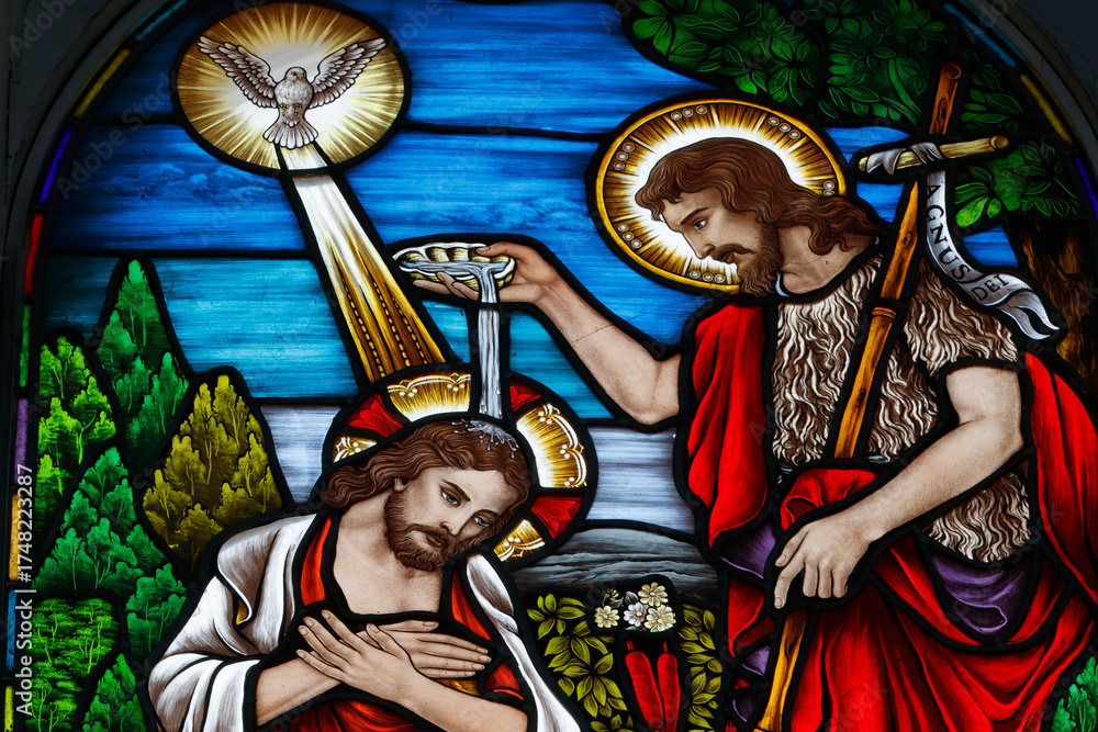 Obraz premium Stained glass. The baptism of Jesus by John the Baptist. Church of Fatima. Ho Chi Minh city. Vietnam.