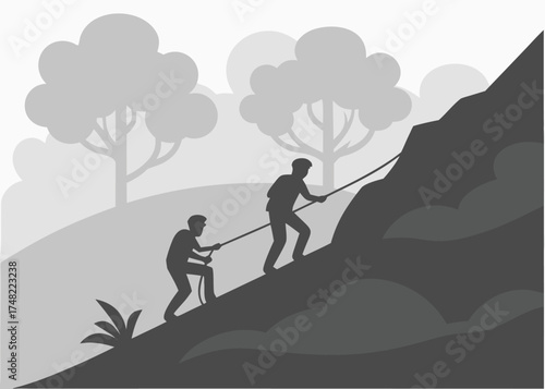 Vector art of two climbers ascending a steep mountain slope, roped together for safety and support, with trees in the background