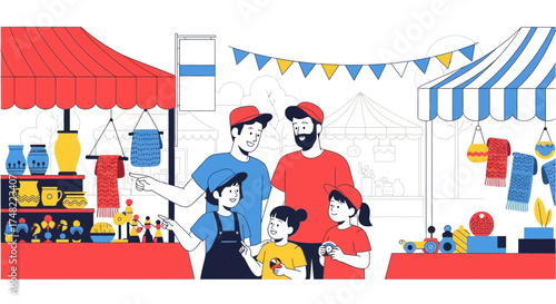Happy family enjoying time together at an outdoor market surrounded by stalls and decorations