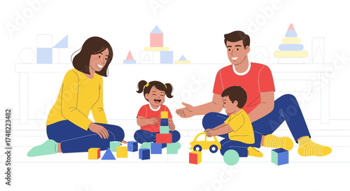 Happy family playing with toys together at home, father mother and children illustration