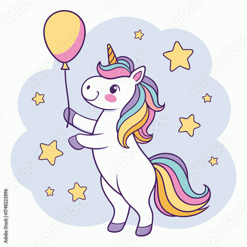 Vector art of cute cartoon unicorn with a colorful mane and tail holding a yellow balloon, surrounded by stars and clouds
