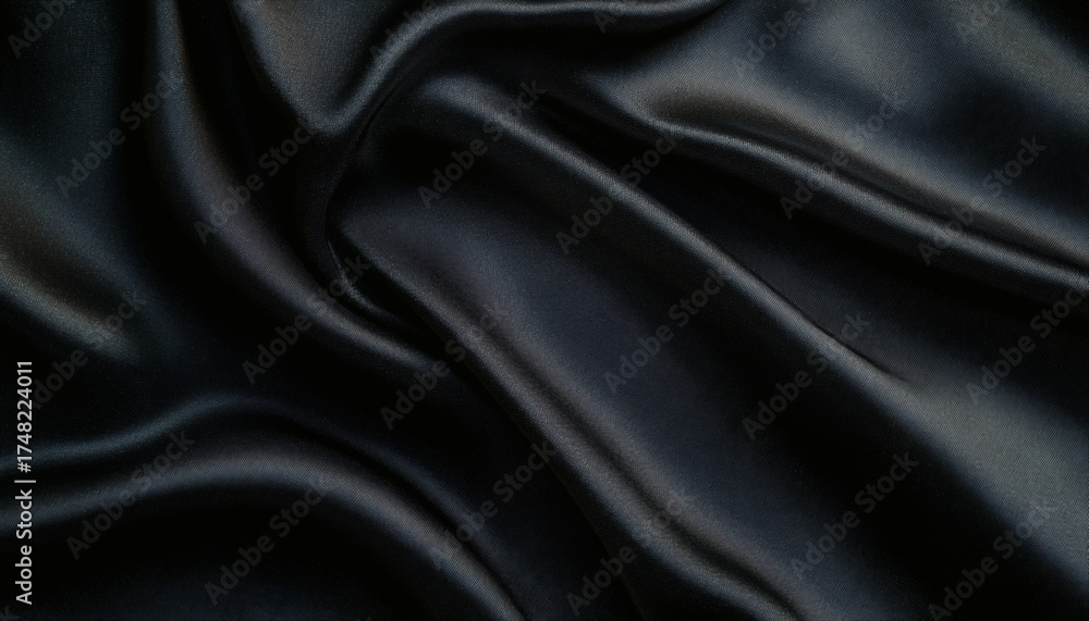 Fototapeta premium The image shows a close-up view of dark-colored satin fabric, exhibiting a smooth texture and soft, flowing folds.