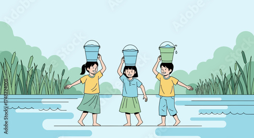 Illustrated scene of children carrying water buckets on their heads near a body of water