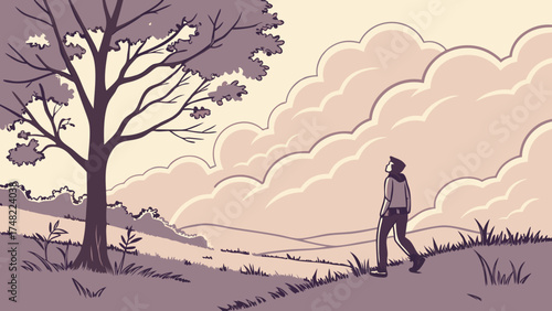 A lone figure walking in the countryside scenic landscape stylized illustration.