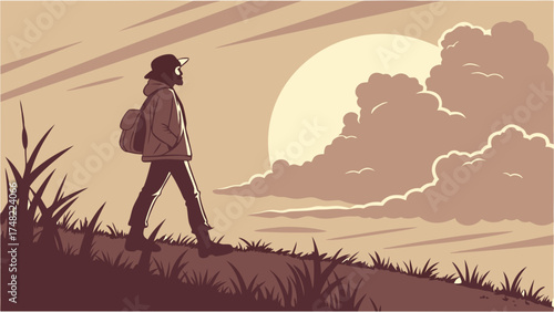 A lone traveler on a journey under the setting sun.