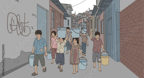 Illustration depicting a group of children carrying water in buckets through an impoverished urban