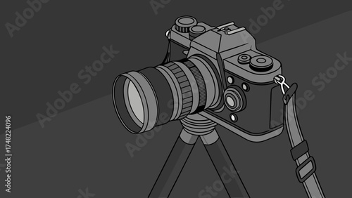 A monochromatic illustration of a camera mounted on a tripod perfect for photography and media related topics.