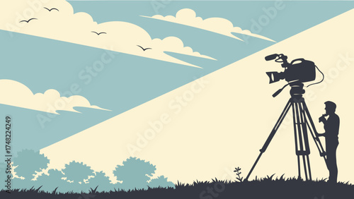 A Silhouette of a Videographer with Sky and Landscape.