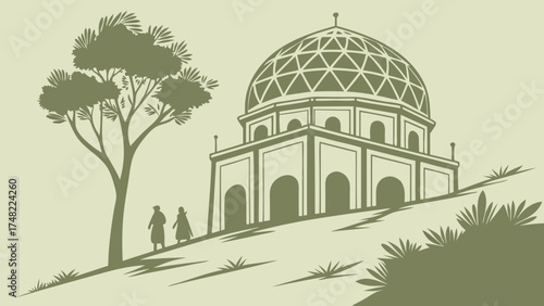 A Silhouette of a Mausoleum on a Hillside.