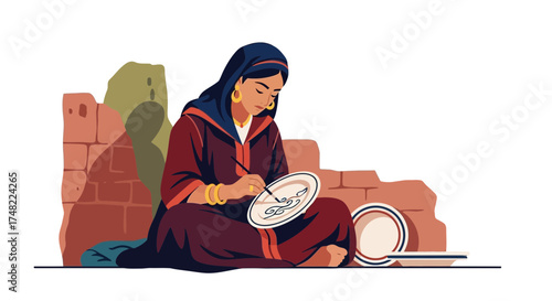 Illustration depicting a woman in traditional attire painting a ceramic plate with intricate