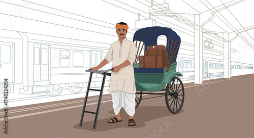 Illustration depicting a traditional Indian hand-pulled rickshaw at a railway station platform