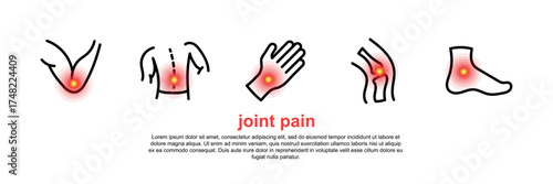 Set of vector icons depicting joint pain. Medical symbols for back, knee, arm, leg, and spine pain. Healthcare and anatomy concept on white background.