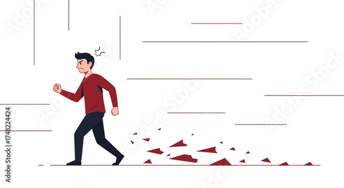 Illustration depicting an angry man running with shattered pieces, conveying frustration and