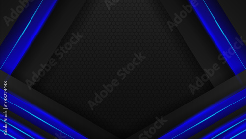 Futuristic blue and black abstract background with glowing geometric lines and modern technology style