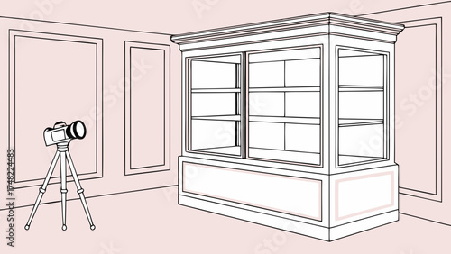 A stylized illustration of a camera set up to photograph a display case.