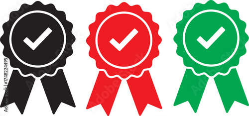 Award Badge Icons Set – Black, Red, Green Ribbon Certification Medals with Check Mark