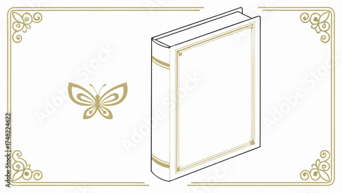 A vintage book with a butterfly and ornate border.