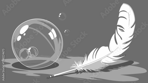 A whimsical illustration featuring bubbles and a feather.