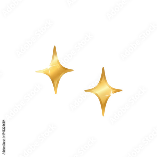 Two small gold sparkles with glowing edges, soft light diffusion, cute hand-drawn star shape, isolated on white background, minimalist sticker element
