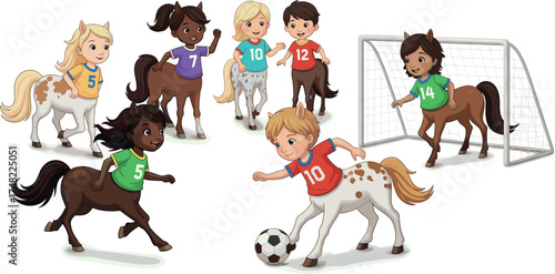 Cute centaur children playing soccer together on a white background