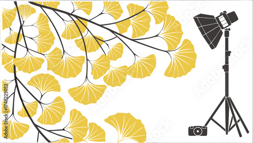 Abstract Graphic with Yellow Leaves Studio Lighting Equipment and Camera.