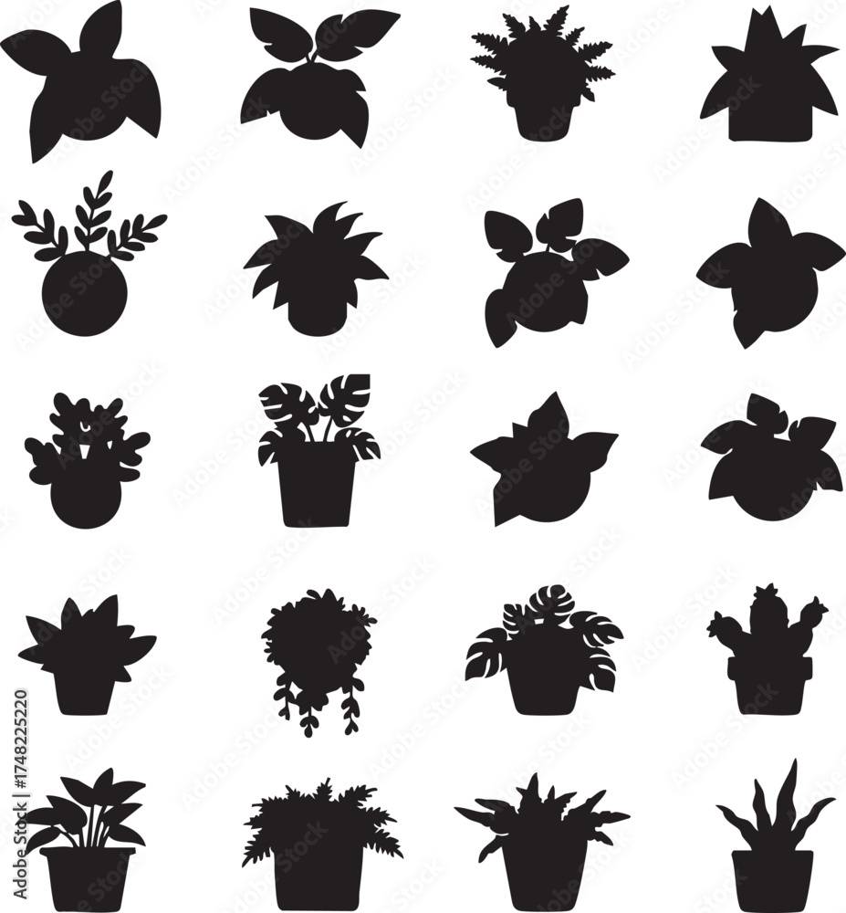 Fototapeta premium Indoor Plant Silhouettes, Potted Houseplants Vector, Top Down Plan View, Minimal Design, Isolated Flat Element