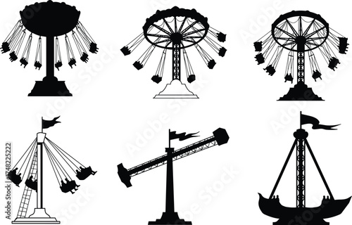 Amusement park ride silhouette set, carnival swing and pirate ship vector illustration, fun fair attraction design, black and white entertainment graphic collection