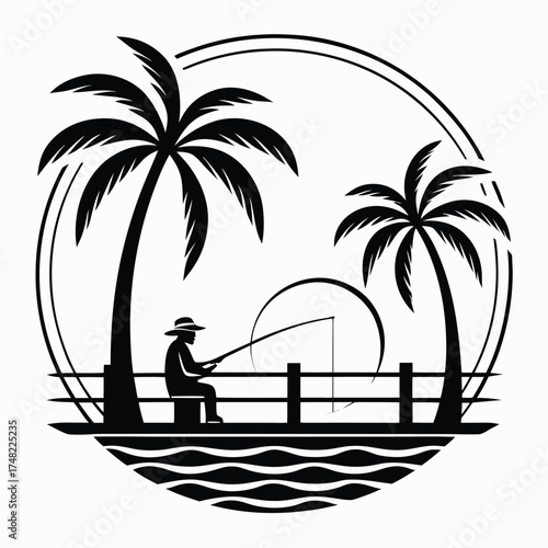 Vector art of silhouette of a person fishing from a pier with palm trees and a circular sun in the background