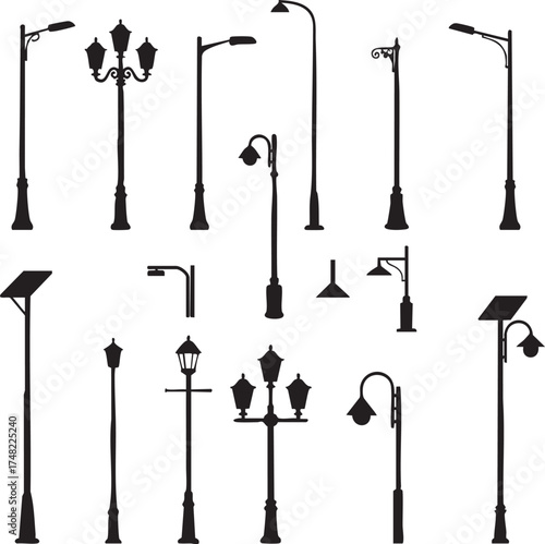 Lamppost Silhouettes, Streetlight Vector Set, Outdoor Lighting Elevation View, Minimal Design, Isolated Flat Icons