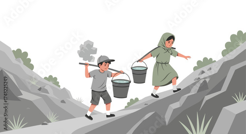 Illustration depicting the arduous task of fetching water by children in arid regions or poverty