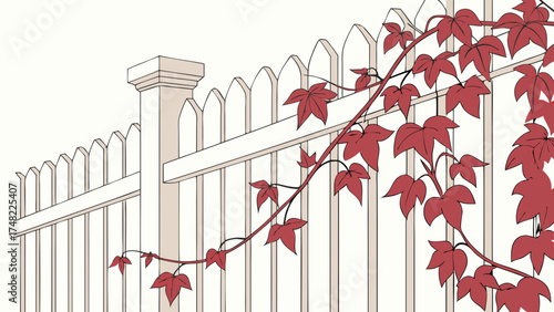 Abstract Illustration of Fence and Red Leaves Decorative Garden Element.