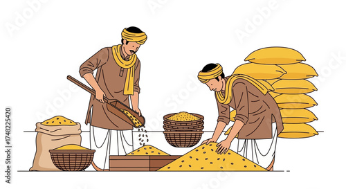 Illustration Depicting Traditional Farmers Working with Harvested Grains and Seeds, Demonstrating