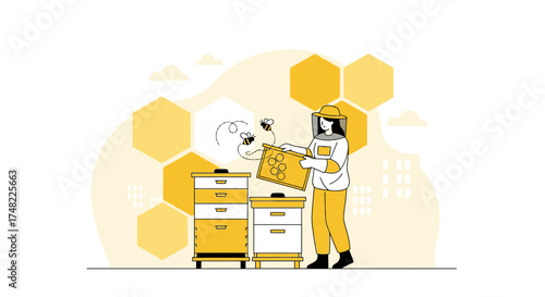 Illustration of a beekeeper inspecting a beehive with honeycombs in a minimalist style