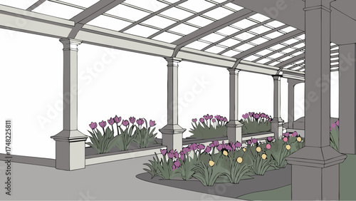 Architectural drawing of a pergola with flower beds.