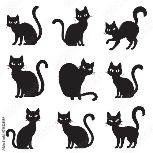 collection of spooky black cat silhouettes in halloween style isolated on white background